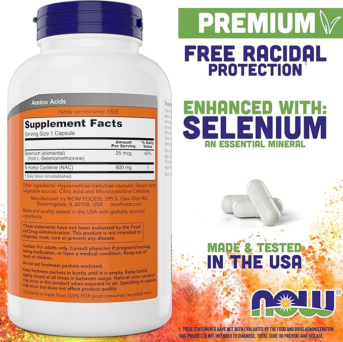 Now NAC 600 mg 400 Capsules N-Acetyl Cysteine with Selenium