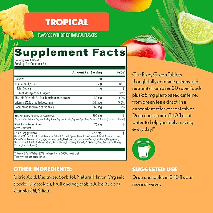 Amazing Grass Fizzy Green Tablets Energy Tropical: Greens + Green Tea Caffeine Water Flavoring Tablet with Antioxidants 60 Count