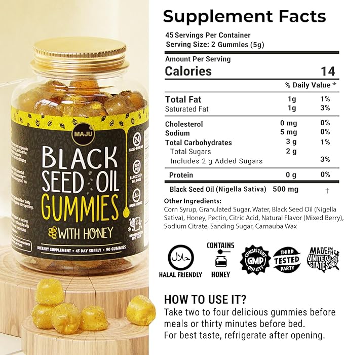 MAJU's Black Seed Oil Gummies with Honey 90ct 500mg BSO Gummy Black Cumin Seed Nigella Sativa Oil Cold-Pressed Potent Formula 90ct (3-Pack)