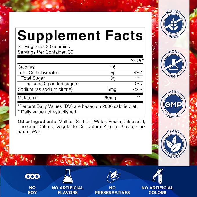 Vitamatic Sugar Free Melatonin 60 mg - 60 Vegetarian Gummies - Non-Habit Forming Supplement- 2 Pack