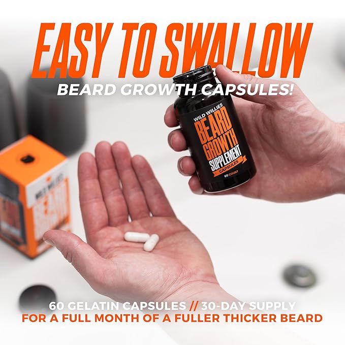 Wild Willies Beard Growth Kit - Capsules &amp Boost Serum - Natural Growth Oil With Biotin &amp Caffeine - Vitamins for Fuller Thicker Beard - 60 Capsules - For Men
