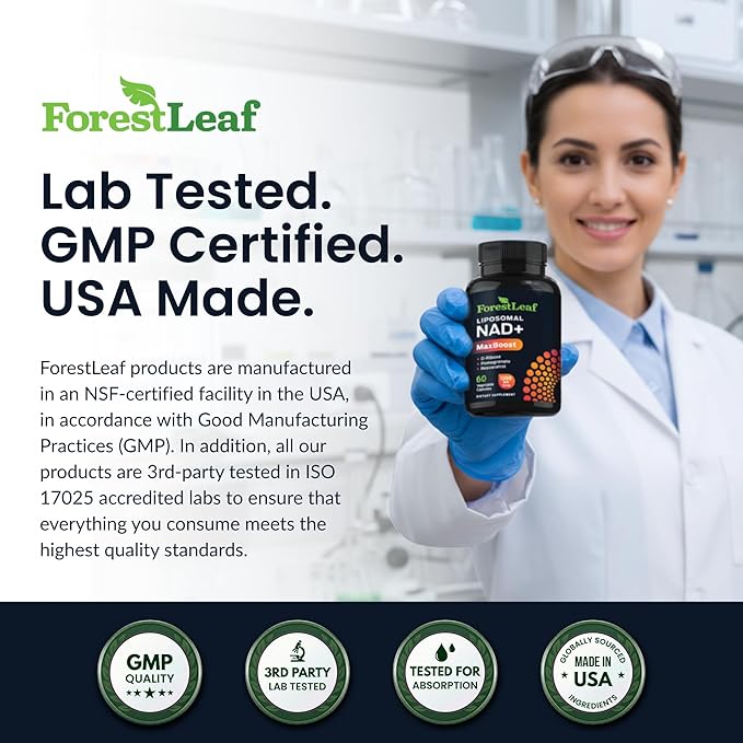 ForestLeaf NAD Resveratrol Capsules Liposomal NAD Supplement for Women and Men with D-Ribose and Pomegranate NAD+ for Energy Focus and Anti-Aging Support NMN Supplement Alternative (60 Caps)