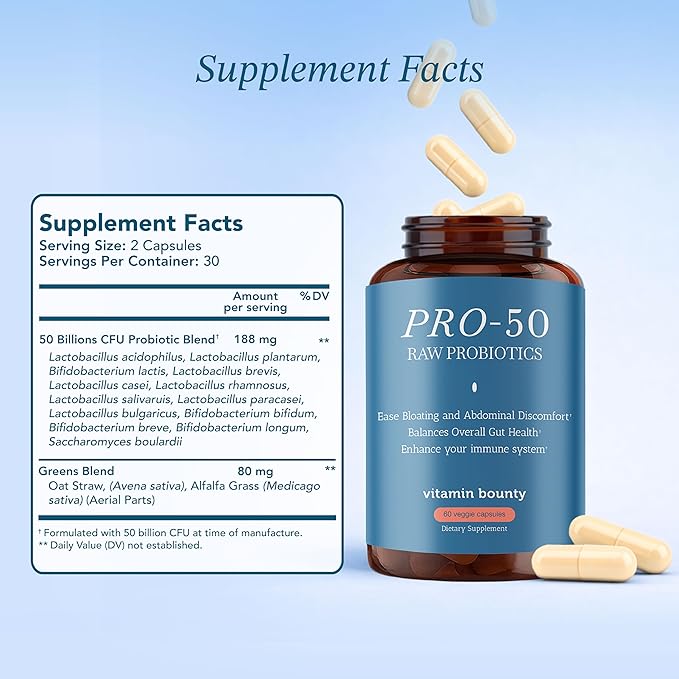 Vitamin Bounty Pro-50 - Probiotics for Women &amp Men - 50 Billion CFU - 13 Strains Probiotic + Prebiotic - Probiotics for Digestive Health - Delayed Release Capsules - 60 Count