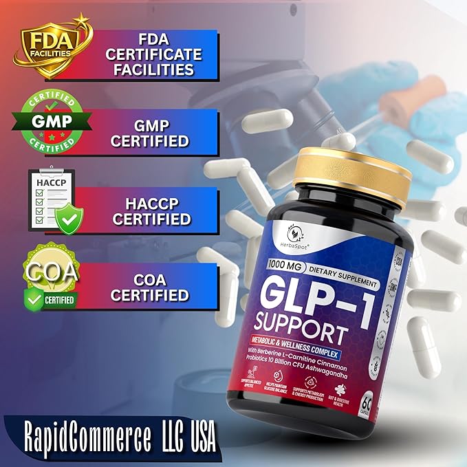 24-in-1 GLP-1 Supplement 1000 mg with Berberine L-Carnitine Ashwagandha | Metabolism Support for Satiety &amp Craving Control | Probiotics 10 Billion CFU for Gut Health &amp Healthy Energy – 60 Ca