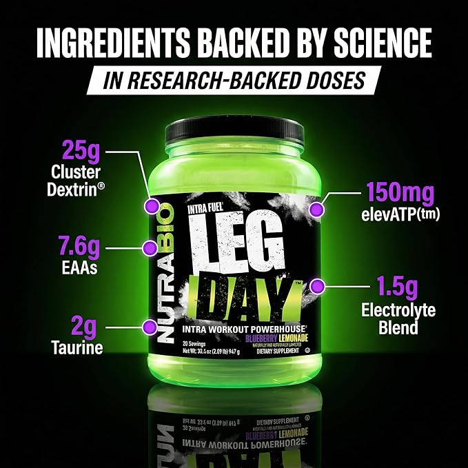 NutraBio Leg Day Intra Workout Powder – Advanced Carb Supplement with Cluster Dextrin &amp Electrolytes – Carb Powder with EAAs/BCAAs – Cyclic Dextrin for Performance – Blueberry Lemonade 20 Serving