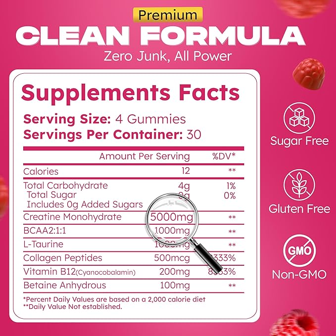 Creatine Monohydrate Gummies 5000mg – 5g per Serving – Sugar Free Vegan Creatine Supplement for Men &amp Women – Muscle Growth Strength Recovery &amp Energy – 120 Count Mixed Berry Flavor