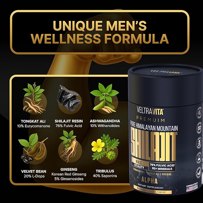Alpha Shilajit Gummies Pure Himalayan Shilajit for Men Tongkat Ali Ashwagandha KSM 66 Advanced VeltrAbsorb™ 76%+ Fulvic Acid &amp 92+Trace Minerals Vegan Sugar-Free