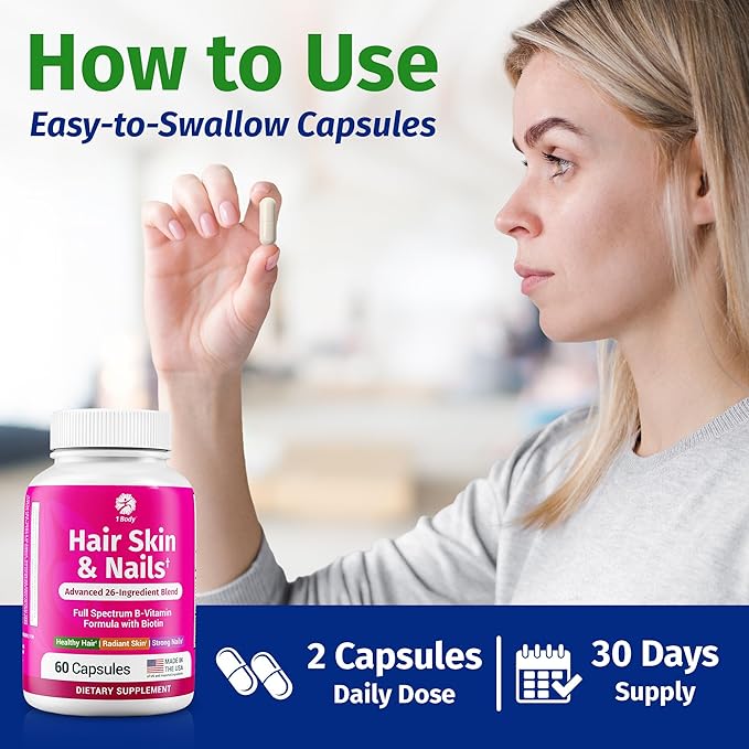 1 Body Hair Skin and Nails Vitamins with Biotin – Hair Growth Supplement for Women &amp Men with 26 Vitamins Minerals &amp Herbal Extracts – Stronger Hair Healthy Skin &amp Nails – 60 Vegan Capsu