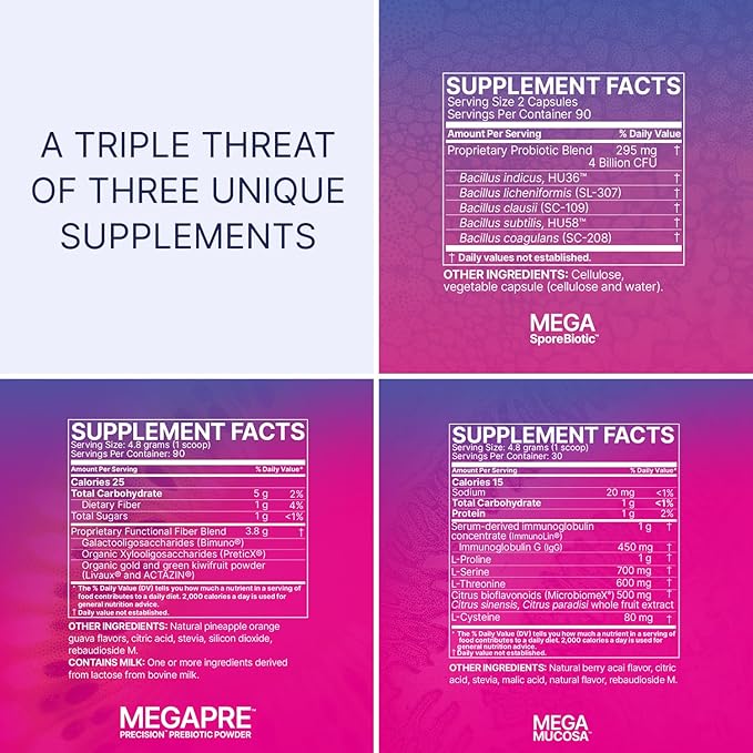 Microbiome Labs Total Gut Restoration Kit (Powder) - 3-Product Gut Health Spore Based Probiotic Prebiotic Powder &amp Mucosal Immunoglobulin + Amino Acids Supplement for Immune GI &amp Digestive H