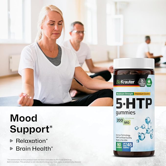 BIO KRAUTER® 5HTP with Tryptophan &amp Calcium for Mood &amp Relaxation Support - Vegan 5 HTP Supplement 200 mg Strength for Emotional Wellness Support- 90 Gummies 45-Day Supply Non-GMO