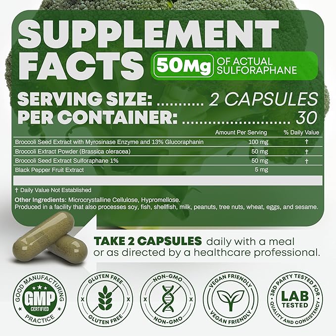 5000mcg of Real Lab-Verified Sulforaphane Supplement - Broccoli Seed Extract 50mg Supplements - Promotes Cognitive Function Liver &amp Cellular Support - 60 Vegan Capsules/Pills