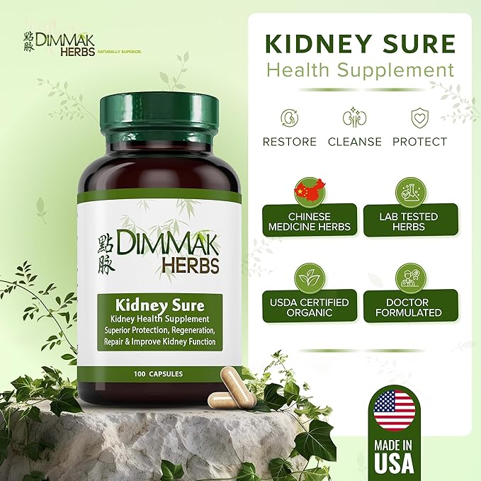 Dimmak Herbs Kidney Sure- Kidney Cleanse &amp Revitilization Tonic- Organic Herbal Support for Renal Health Urinary Tract Flow &amp Vitality- TCM Doctor Formulated Vegan- 400mg 100 Capsules