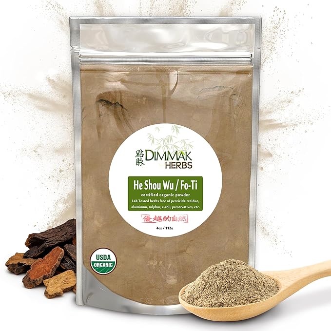 Dimmak Herbs Organic Prepared He Shou Wu Powder (Fo-Ti Root)- Traditional Black Bean Cured Tonic for Hair Thickness Graying &amp Jing Vitality- Polygonum Multiflorum Safe &amp Potent (4oz)