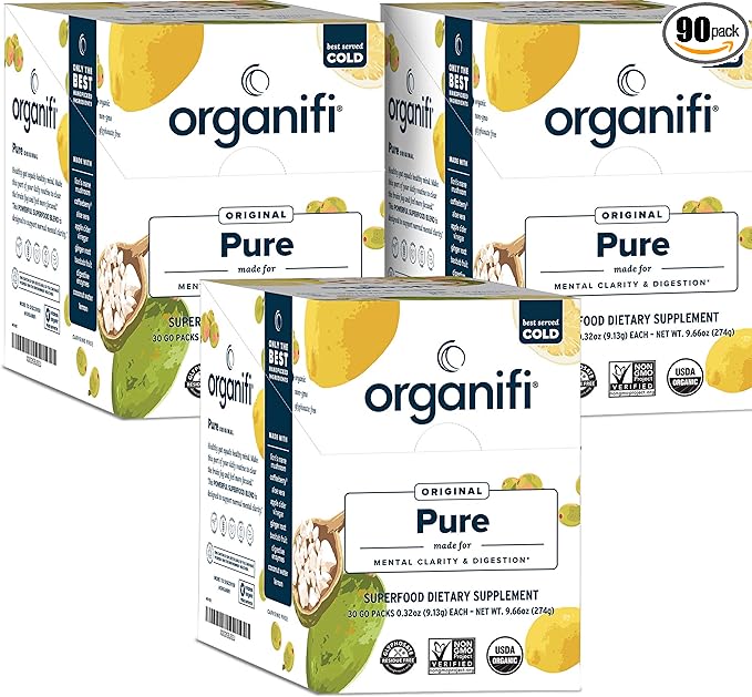 Organifi: Pure Smart Packs - Organic Brain and Immunity Support - Revitalizes Daily Mental Focus - Lemon Flavor 3 Pack