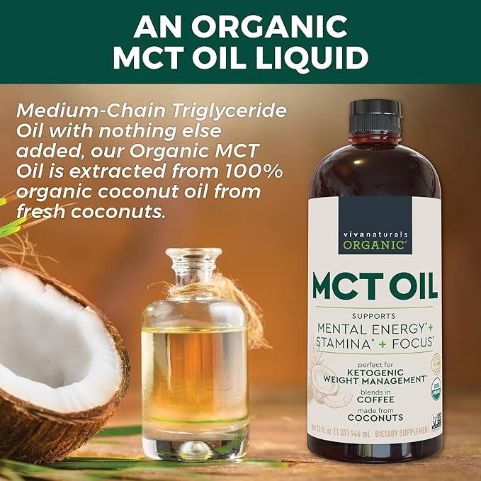 Viva Naturals Organic MCT Oil 32 fl oz – MCT Oil for Coffee USDA Organic Non-GMO Paleo Certified &amp Keto Friendly Supports Energy &amp Mental Clarity