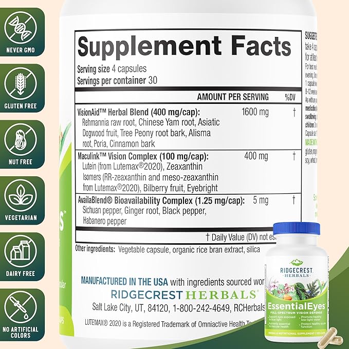 Ridgecrest Herbals EssentialEyes Natural Eye Vitamin Supplements Contains Lutein Zeaxanthin Bilberry Extract Supports Eye and Vision Health (120 Vegan Caps 30 Serv)