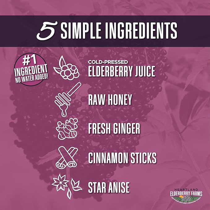 Heartland Organic Elderberry Syrup - Cold Pressed Elderberry Juice Zero Water Added - Immune Support for Kids &amp Adults - Made with Raw Honey Ginger Cinnamon &amp Star Anise - 26 fl oz (750 ml)