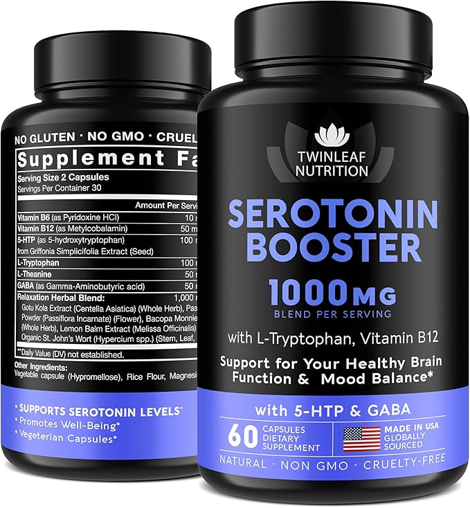 Natural Serotonin Supplement - Made in USA Manganese Serotonin &amp Cortisol Manager - Serotonin Booster Vitamin Supplement for Women with 5-HTP Vitamin B6 B12 GABA L Theanine L Tryptophan - 60 Capsu