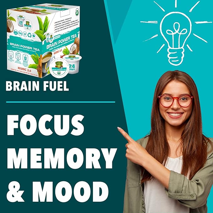 SOLLO Brain Power Organic Green Tea Pods with MCT Acai &amp Essential nutrition Nootropic Brain Booster- Improves Memory &amp Focus Compatible with 2.0 K-Cup Keurig Brewers 24 Ct