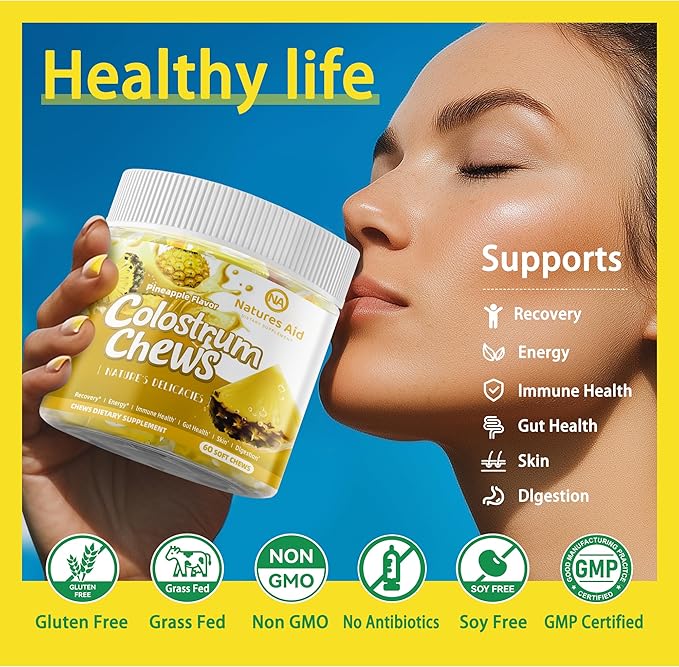 Colostrum Chews Supplement with probiotics for Gut Health Bloating Immune Support Skin Hair Growth and Beauty - Pineapple Flavor (60 Servings)