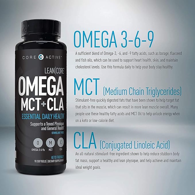 Lean Omega MCT + CLA - Stimulant Free Health Formula Lean Muscle &amp Toned Physique Omega 3-6-9 Fatty Acids - Flaxseed Fish Oil- Coconut Oil- Keto Friendly 30 Day Supply (90 Softgels)