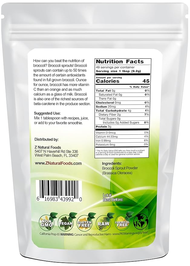 Broccoli Sprout Powder - All Natural Antioxidant Vitamin &amp Mineral Superfood Supplement - Mix in Smoothies Shakes &amp Recipes - Raw Vegan Gluten Free Non GMO - Bulk 1 lb Size