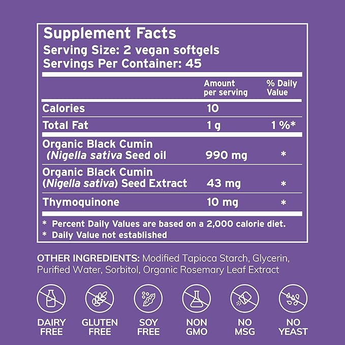 Organic Egyptian Black Cumin Seed Oil (90 Soft Gel Capsules) Cold-Pressed Unrefined Heavy Metal Tested for Purity &amp Quality Support Healthy Gut Bacteria &amp Immune System Vegan
