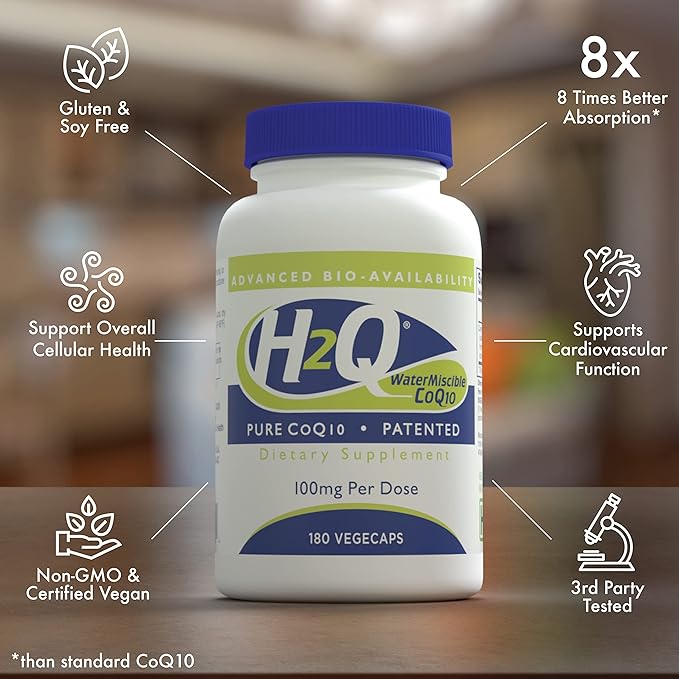 H2Q CoQ-10 with 8X Higher Absorption Over The Standard Q-10 | Clinically Studied | Cardiovascular and Mitochondria Function Support | Vegan Certified | Non-GMO by Health Thru Nutrition (Pack of 180)