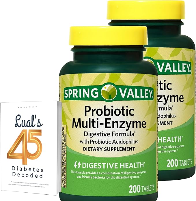 Spring Valley Probiotic Multi-Enzyme Digestive Formula Tablets 200 Count Probiotics for Men and Women for Digestive Health Bundle with 45 Diabetes Decoded
