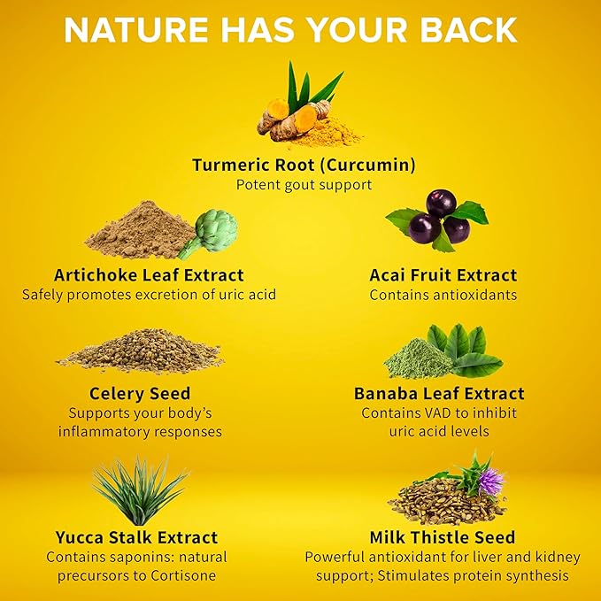 Urcinol Uric Acid Supplement for Joint Support - 60ct (Pack of 1) - Uric Acid Support Formula with Turmeric Root Acai Banaba Leaf Celery Seed Yucca Stalk