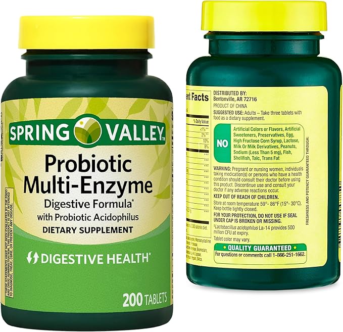 Spring Valley Probiotic Multi-Enzyme Digestive Formula Tablets 200 Count Probiotics for Men and Women for Digestive Health Bundle with 45 Diabetes Decoded