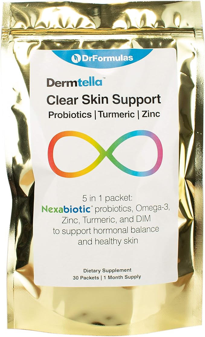 DrFormulas Dermtella Clear Skin Support Packs | Pills with Zinc Probiotics &amp DIM | Supplements for Women Teens &amp Men with Nexabiotic Probiotics Turmeric Fish Oil 1 Month Supply