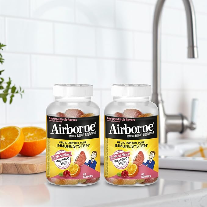 Airborne 750mg Vitamin C Gummies for Adults Immune Support Gummies with Powerful Antioxidants VIT C &amp E Caffeine Free - 2x63ct Bottle (42 Servings) Assorted Fruit Flavor