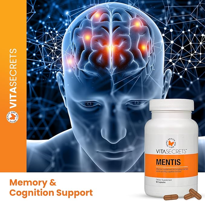 Vitasecrets Mentis Memory &amp Cognition Support Supplement - Concentration Clarity Cognitive Enhancement - Vitamins B6 B12 Ashwaganda Gingko Biloba| Gluten and GMO Free 90 Capsules