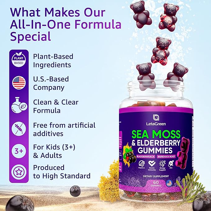 Irish Sea Moss Gummies – Bladderwrack Burdock Root Elderberry Vitamin C &amp Zinc – 60 Vegan Seamoss Gummy Bears for Adults Kids Men Women – Multimineral Elderberry Vitamins