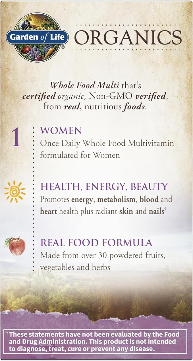 Garden of Life Organics Multivitamin for Women - Women's Once Daily Multi - Whole Food Multi with Iron Biotin Vegan Organic Womens Multivitamin for Health Energy Hair Skin and Nails 30 Tablets