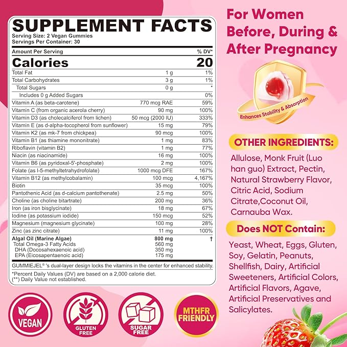 Prenatal Vitamins for Women Gummies Methylfolate 1mg Vegan Omega 3 DHA 800mg Iron Choline Iodine Vitamin D3 B6 B12 - Multivitamin for Women Before During &amp After Pregnancy Sugar Free 60 C