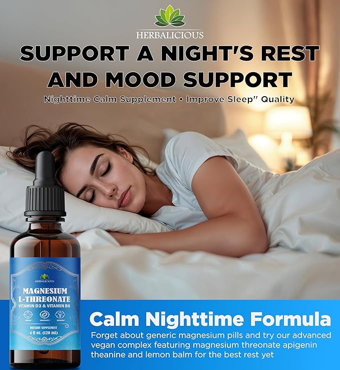 HERBALICIOUS Magnesium Complex Liquid with Vitamin D3 &amp B6 – High Absorption Citrate Glycinate &amp L-Threonate – Supports Energy Mood Relaxation Bone Health &amp Immunity – 4 oz Liquid Drop