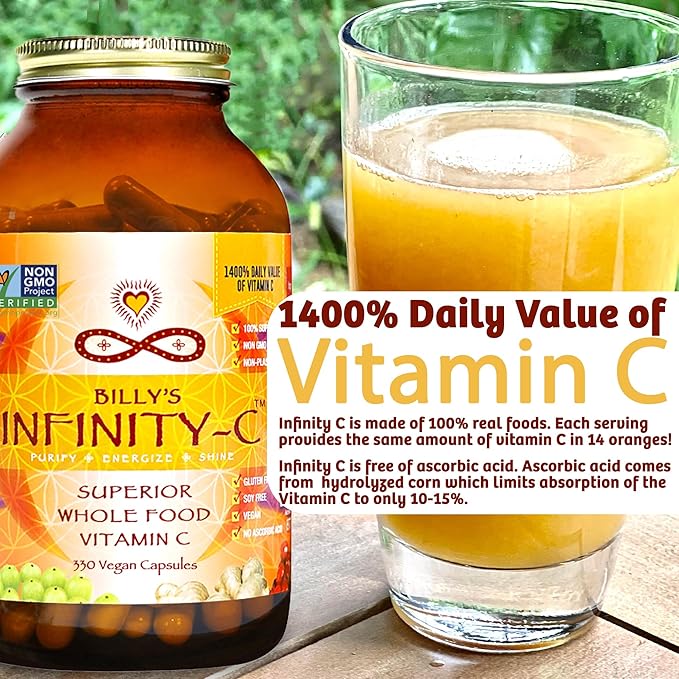 Infinity-C Organic Vitamin C Capsules Bioavailable VIT C from Acerola Camu Camu &amp Amla Whole Food Vitamin C 1000mg Immune Support Superfoods Shilajit Astragalus Root &amp Ginger (30 Serving