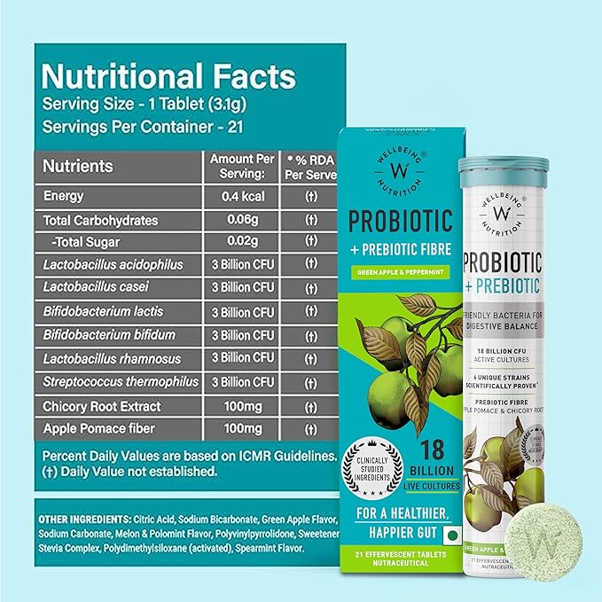 WELLBEING NUTRITION Daily Probiotic + Prebiotic| Plant Based |36 Billion CFU 6 Strains for Men &amp Women with Organic Prebiotic Fiber for Digestion Gut Health Metabolism | 84 Effervescent Tabs