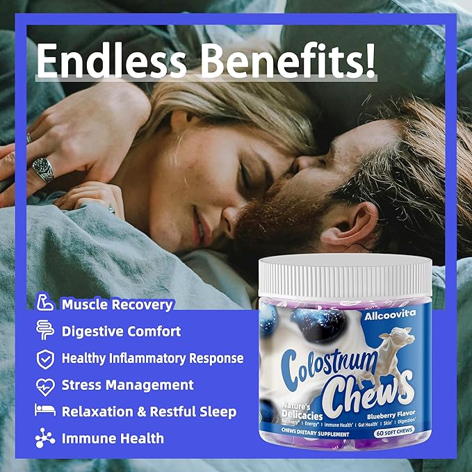 Bovine Colostrum Chews Supplement with probiotics for Gut Health Bloating Immune Support Skin Hair Growth and Beauty - Blueberry Flavor (60 Servings)