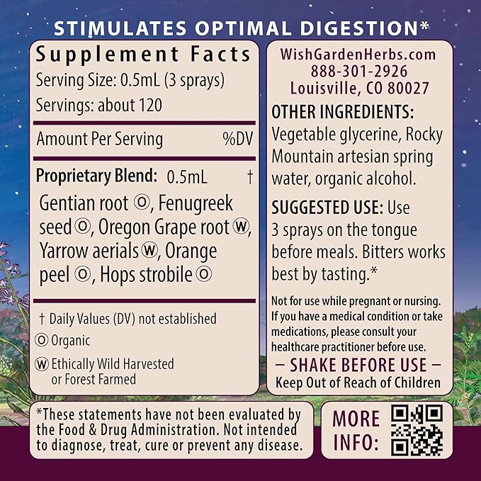 WishGarden Herbs Badass Bitters Organic Digestive Bitters Gentian Root &amp Fenugreek Herbal Formula for Bloating &amp Digestion Swedish Bitters Liquid Spray Gluten-Free Vegan 2oz