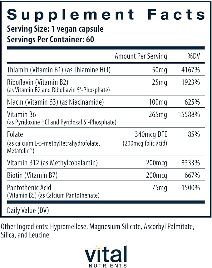 Vital Nutrients Vitamin B6 + B Complex - Vegan Methylated B Vitamins for Energy Metabolism Heart Health* - High-Potency Vitamin B6 for Menstrual Discomfort * - Gluten Dairy Soy Free - 60 Capsules