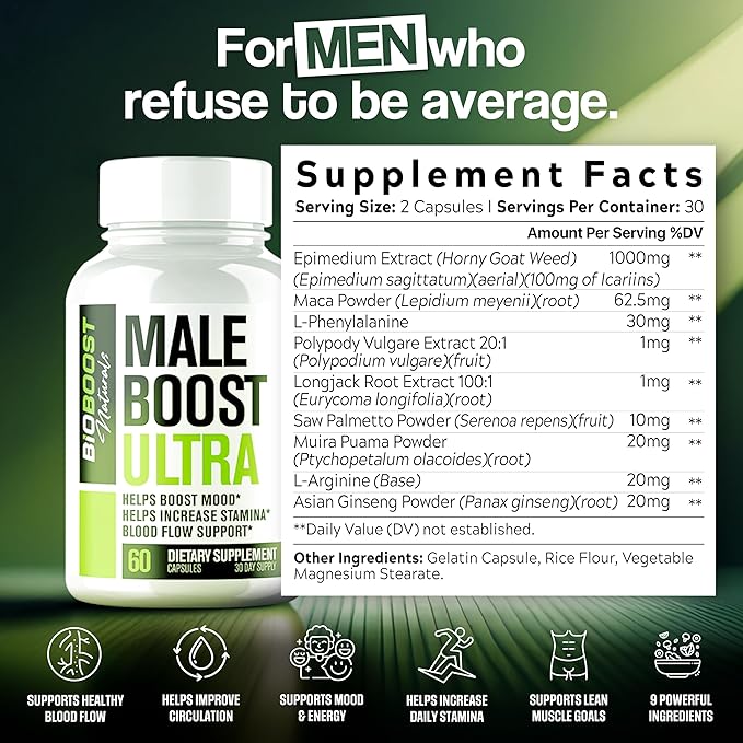 Male Boost Ultra - The Ultimate Male Supplement - Fast Acting Blood Flow Support - Gain Muscle Strength Stamina - Overall Test Level Support - HornyGoatWeed + 8 More - 60 Capsules