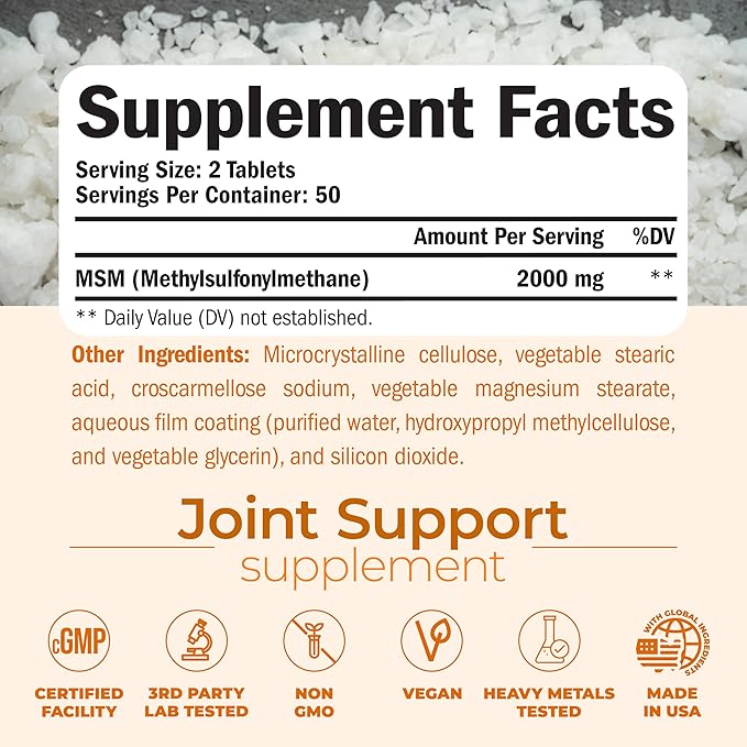 MSM 2000mg - Joint Support Supplement for Cartilage &amp Joint Health. Antioxidant Properties. Aids Inflammatory Response. Occasional Discomfort Relief - Back Knees Hands. Non-GMO. Vegan. 50 Day Su