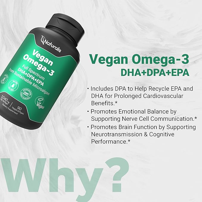 Naturalis Double Strength Vegan Omega 3 DHA EPA &amp DPA from Microalgae | Vegan Society Certified Sustainably Sourced True Full Spectrum | 90 Veggie Softgels (Carrageenan Free)