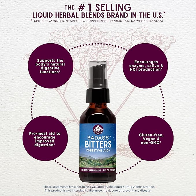 WishGarden Herbs Badass Bitters Organic Digestive Bitters Gentian Root &amp Fenugreek Herbal Formula for Bloating &amp Digestion Swedish Bitters Liquid Drops Gluten-Free Vegan 4oz