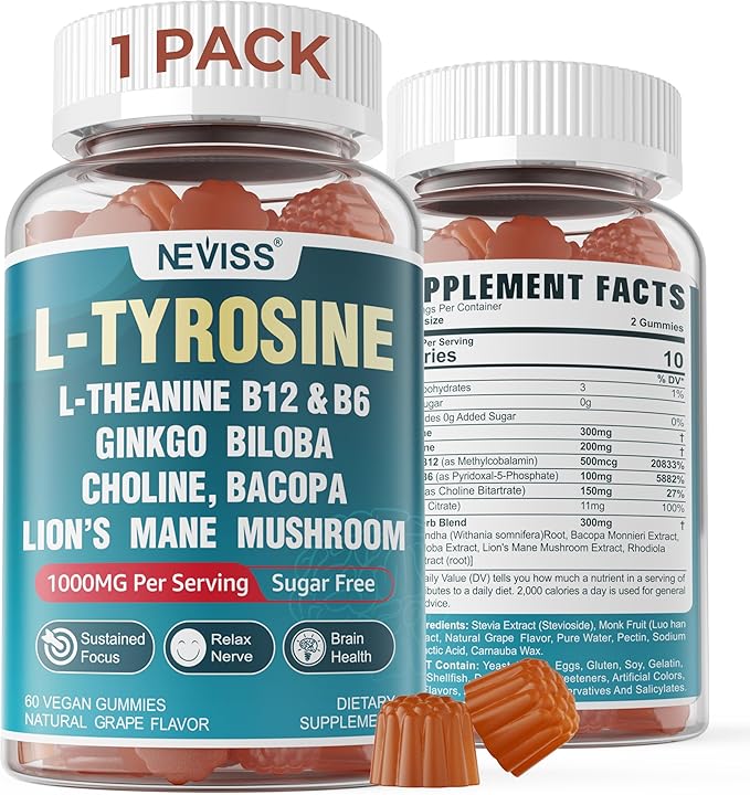 Sugar Free L-Tyrosine Gummies 300mg L-Theanine 200mg Vitamin B6 100mg &amp B12 500mcg Brain Health Herbs 300mg w/Ginkgo Biloba Rhodiola Rosea Lion's Mane Mushroom for Sustained Focus &amp Energy