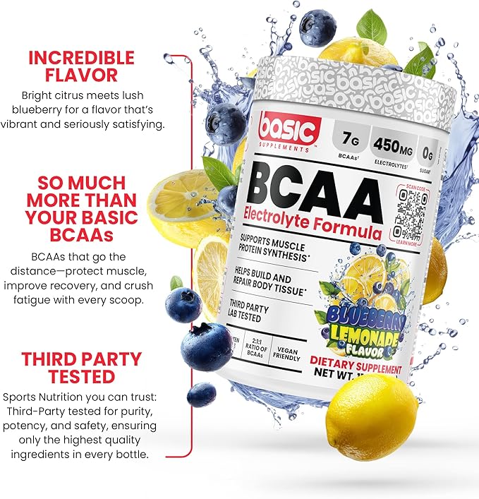 BASIC SUPPLEMENTS BCAA Powder Instantized Formula with 7g BCAAs 2:1:1 Ratio 450mg of Electrolytes Sugar-Free Vegan Gluten-Free Supports Muscle Recovery
