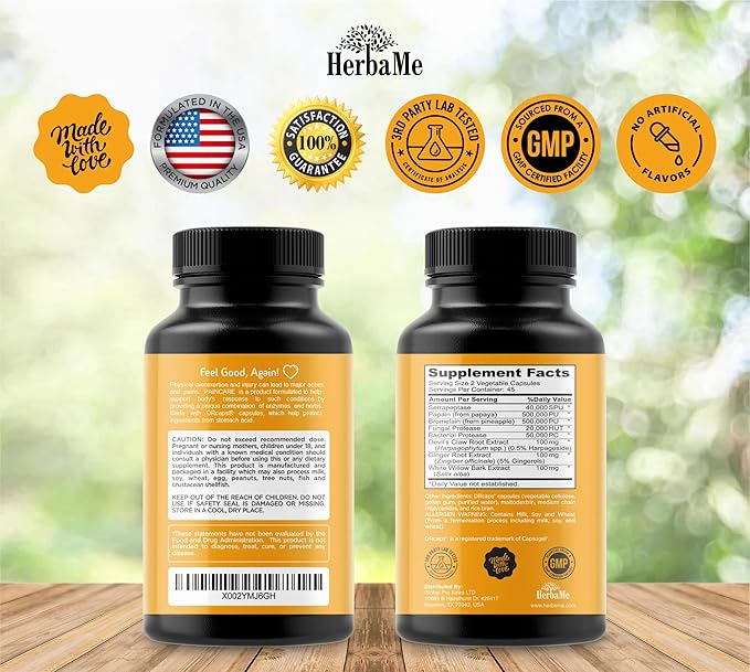 HerbaMe Proteolytic Enzymes Supplement with Serrapeptase - Devils Claw 90 Capsules Promotes Joints Relief Muscle and Tissue Health with Lasting Mobility Athletes Post Workout Recovery Support